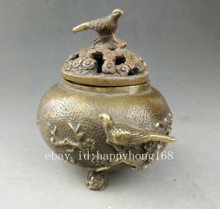 China old fengshui pure copper hand - carved plum blossom and bird censer b02 4