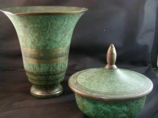 Carl Sorensen Bronze Vase And Covered Dish Verdigris Art Deco