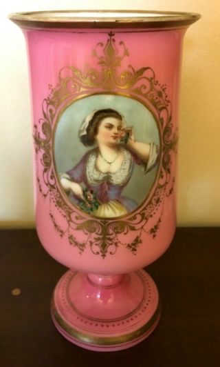 Antique Pink Satin Glass Victorian Vase Bristol Bohemian Portrait Painting
