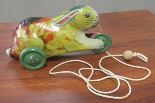 Rare Vintage J.  Chein Tin Litho Rabbit Bunny Pull Toy 5 - 3/4 "