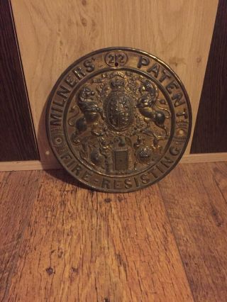 Antique Victorian Brass Safe Plaque / Plate - Milners Fire Resisting 1857