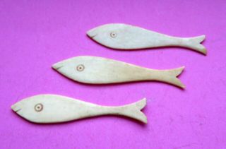 Antque 3 Carved Cow Bone Fish Shaped Sewing Thread Winders.