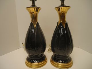 Vintage Pair Mid Century Modern Table Lamps Black And Gold 24 3/4 " Tall -
