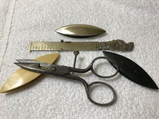 Sterling Silver And 2 Old Sewing Darners Plus Sterling Hem Marker,  Scissors
