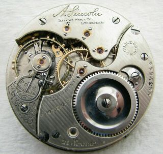 Antique 16s Illinois Abe Lincoln 21 Jewel 21j Pocket Watch Movement Parts