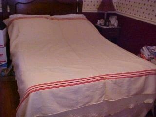 Vintage Cream Colored Wool Blanket With Red Stripes Design