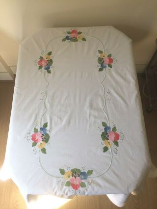 Vintage Linen - Large White Cotton Tablecloth.  Applique & Embroidery.  68 " X 48 "