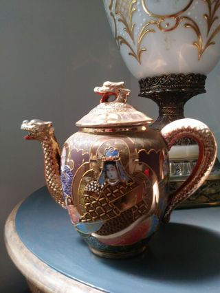 Antique Vintage 1930s Moriage Satsuma Gold Hand Painted Porcelain Teapot W Lid