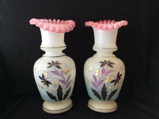 Matching Antique Victorian Bristol Glass Hand Painted Vases 11 " Tall