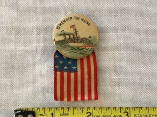 Antique Remember The Maine Navy Ship Flag Pinback Button Spanish American War