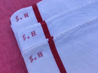 3 Vintage French Linen Metis Torchons Tea Towels Red Stripes Mono S H