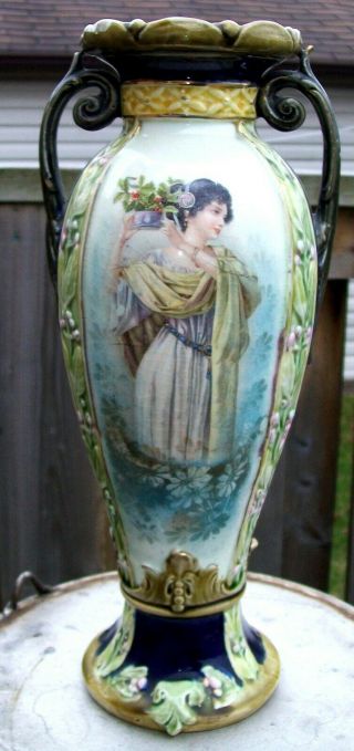 12.  25 " Austrian Art Nouveau Porcelain Wing Handled Vase Mucha Lady Panel