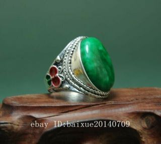 CHINA OLD ANTIQUE HAND - MADE TIBETAN SILVER INLAY CLOISONN & GREEN JADE RING A01 2