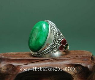 CHINA OLD ANTIQUE HAND - MADE TIBETAN SILVER INLAY CLOISONN & GREEN JADE RING A01 3
