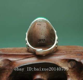CHINA OLD ANTIQUE HAND - MADE TIBETAN SILVER INLAY CLOISONN & GREEN JADE RING A01 4