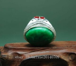CHINA OLD ANTIQUE HAND - MADE TIBETAN SILVER INLAY CLOISONN & GREEN JADE RING A01 5