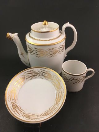 Four (4) Piece 19th C.  Old Paris Porcelain Tea Pot,  Lid,  Cup & Saucer Gold Locre