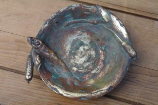 Antique Art Nouveau Bronze Pin Dish Releif Fish & Pond Reed 19thc E.  T Hurley Era