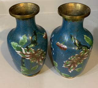 Two Antique Chinese Blue Cloisonne’ Vases 8” Tall And 13” Diameter
