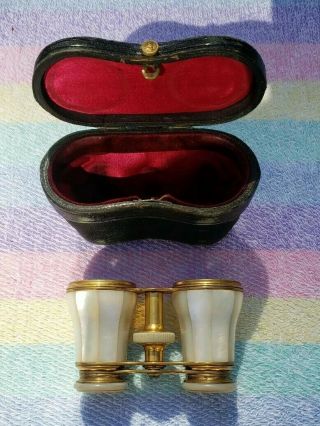 Antique Lemaire Paris Pearl&brass Opera Glasses W/ Orig.  Leather Bee Clasp Case