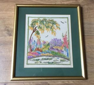 Vintage Hand Embroidered Picture,  English Country Garden,  Lily Pond,  Laburnum Tree