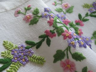 Vintage Hand Embroidered Linen Table Runner - Raised Floral 