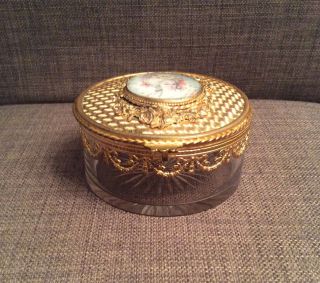 Antique French Jewelry Box In Gilded Bronze And Crystal With Miniature
