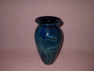 Robert Eickhold Studio Art Glass Hand Blown Blue Paperweight Vase Signed 8.  25 "