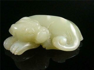 Fine Old Chinese Nephrite Celadon Jade Carved Statue Toggle Cute Lying Dog