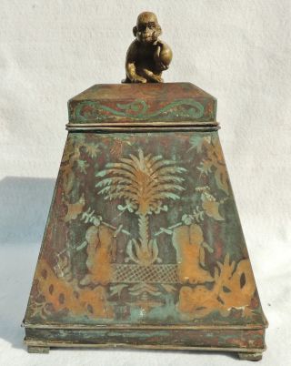 Rare Large 15 " Antique/vtg Figural Monkey Iron & Brass Covered Box W/ Lid 5335