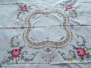 Vintage Hand Embroidered & Crochet Lace Tablecloth 3