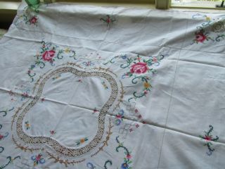 Vintage Hand Embroidered & Crochet Lace Tablecloth 5