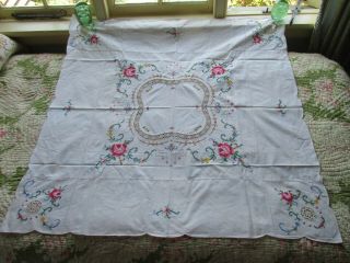 Vintage Hand Embroidered & Crochet Lace Tablecloth 7
