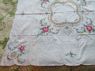 Vintage Hand Embroidered & Crochet Lace Tablecloth 8