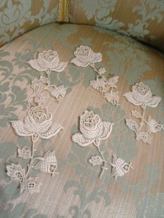 6 Large Edwardian Stemmed Rose Lawn Dress Motif Embellishment C.  1905