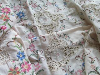Vintage Hand Embroidered & Crochet Lace Tablecloth - 63 " X48 "