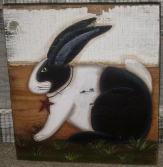 Primitive Hp Folk Art Black & White Bunny Barn Star Reclaimed Wood