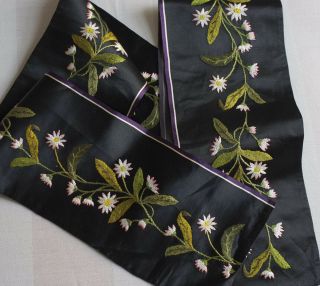 155 Cms 19th C Daisy Chain Embroidered Black Silk Satin Border