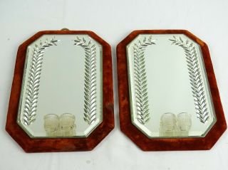 Antique Pair Venetian Wheel Cut Mirrors With Candle Holders To Leather Frames
