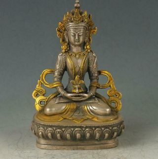 Chinese Antique Silver Copper Gilt Carved Figure Of Buddha Statue D02