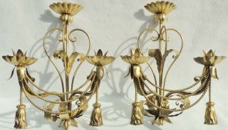 Large Pair Antique/vtg Gold Tole Metal Rope & Tassel Candle Holder Wall Sconces