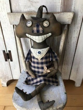 Primitive Black Cat Doll with Mouse Vintage Buttons and Doily Folk Art Doll 2