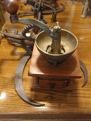 Antique Wood Coffee Mill Grinder Box Type Hand Crank With Drawer