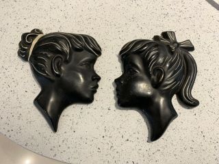 Vintage Art Deco Black Girls Wall Plaque Face Masks Old Pair