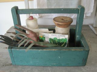 Old Vintage Primitive Green Paint Wood Box With Handle American Aafa
