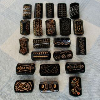 Assortment Of 22 Vintage Incise Molded Black Glass Buttons W Gold Luster