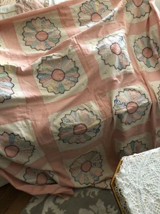 Antique Hand Made Quilt Shabby Pink & Pastel Dresdan Plate