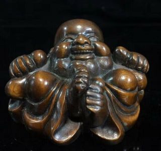 China Old Collectable Boxwood Carve Smile Buddha Pray Buddhism Lucky Hand Statue