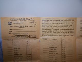 Vintage Keebler Clock Co Phila Pa Order Form W/clocks & Other Merchandise 1930s