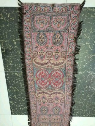Antique French Paisley Kashmir Rectangle Piano Shawl Wool Size 57 " X20 Reversible